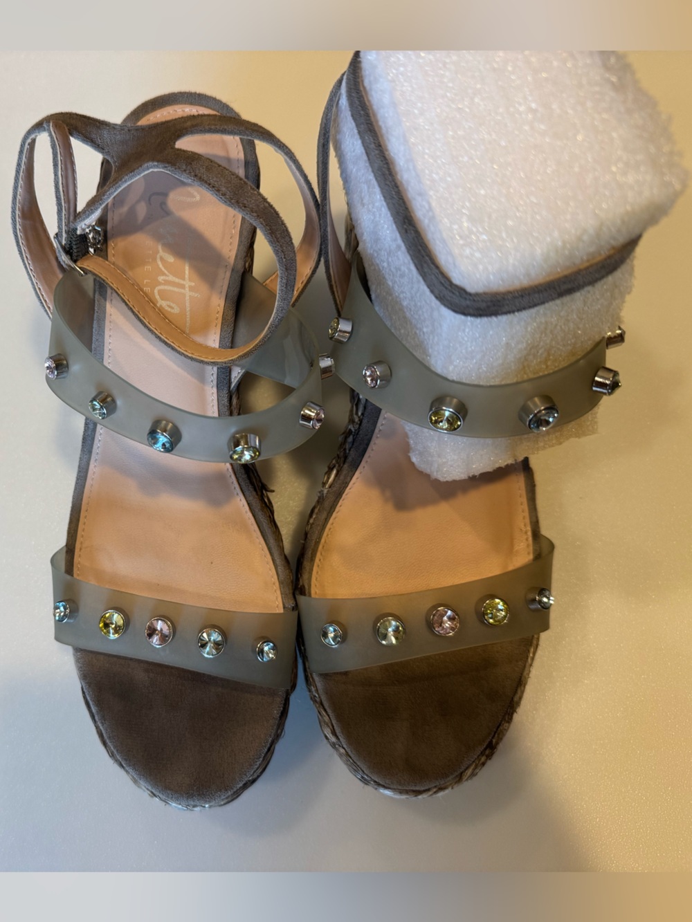 Nanette Lepore Gray Taupe Rhinestone Espadrille Wedge Ankle Strap Sandals